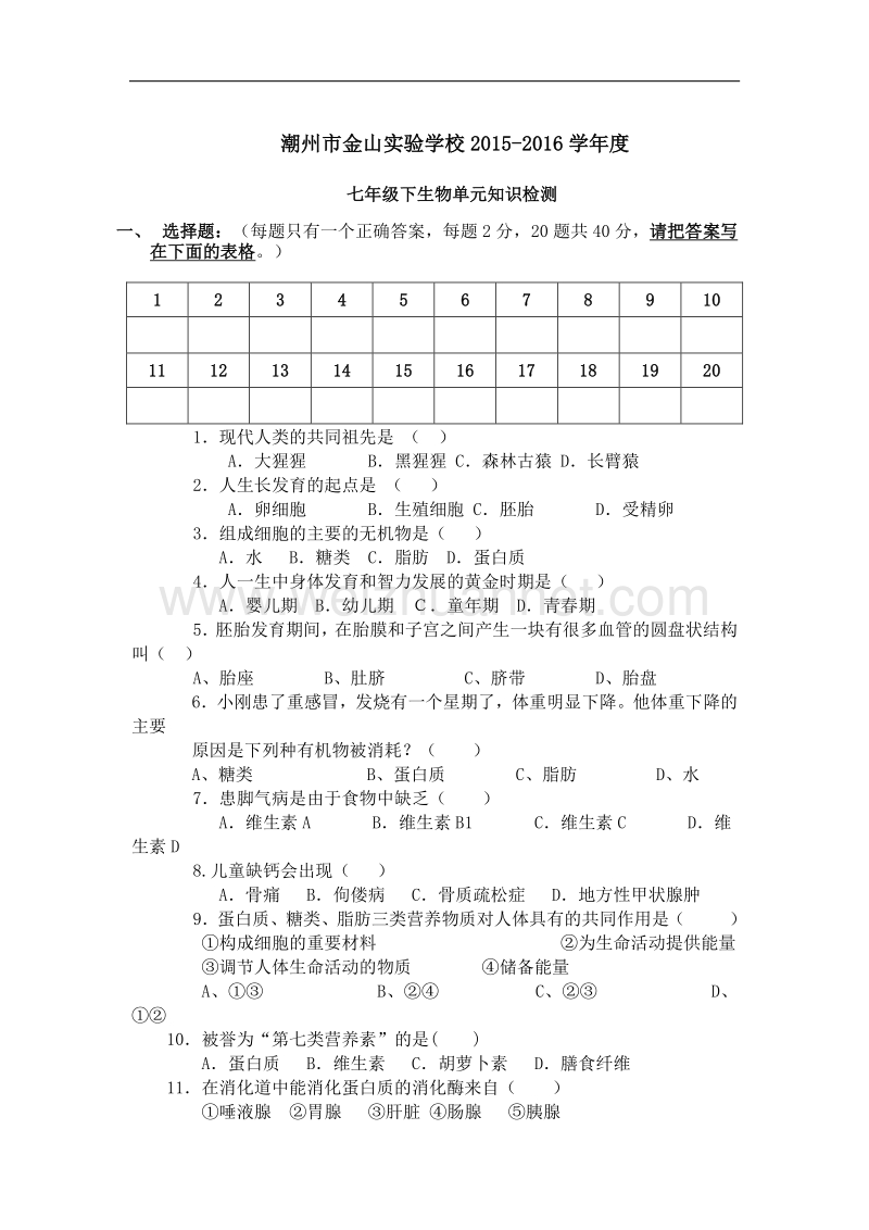 广东省潮州市金山实验学校2015-2016学年度七年级下生物单元知识检测（无答案）.doc_第1页