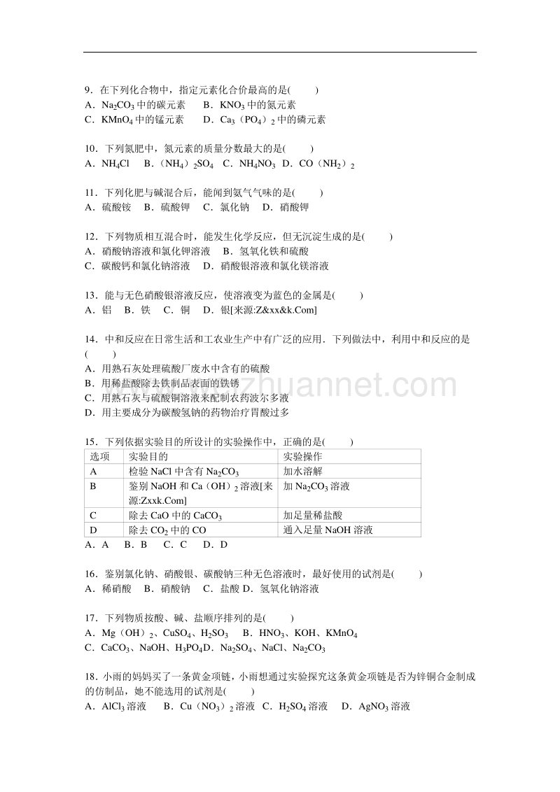 新人教版九年级下册《第11单元+盐+化肥》2015年单元测试卷（山东省泰安市新泰市实验中学）.doc_第2页