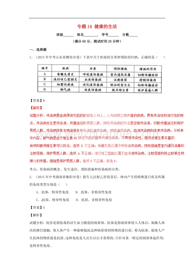 2016年度中考生物微测试系列专题14 健康的生活.doc_第1页