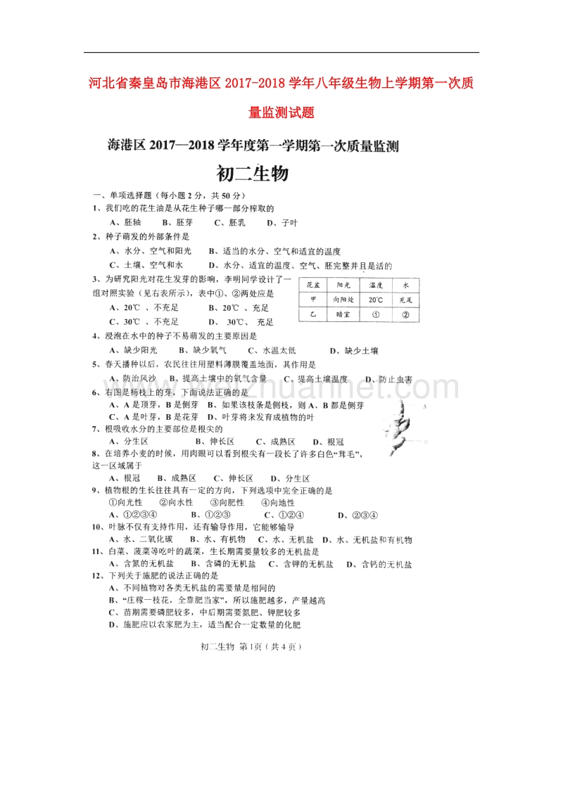 河北省秦皇岛市海港区2017_2018学年八年级生物上学期第一次质量监测试题（扫 描 版，无答案）新人教版.doc_第1页