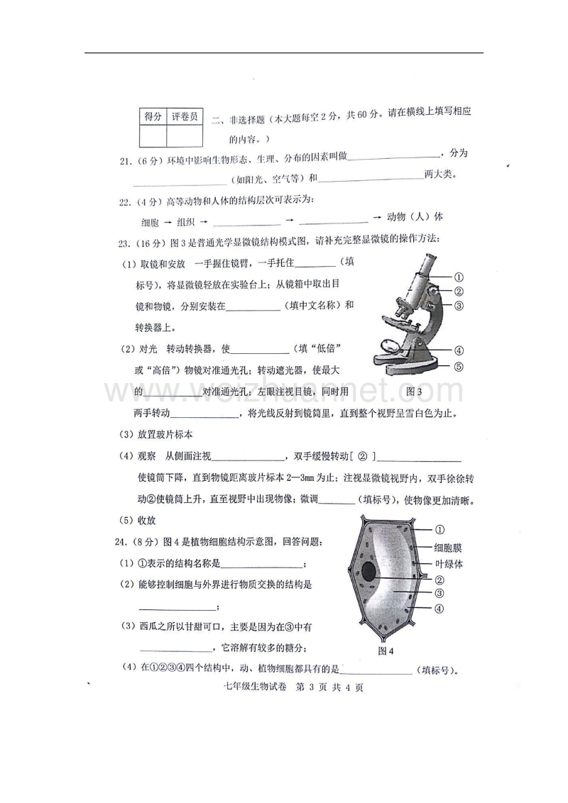 广西贵港市港南区2017_2018学年七年级生物上学期期中试题（扫 描 版）新人教版.doc_第3页