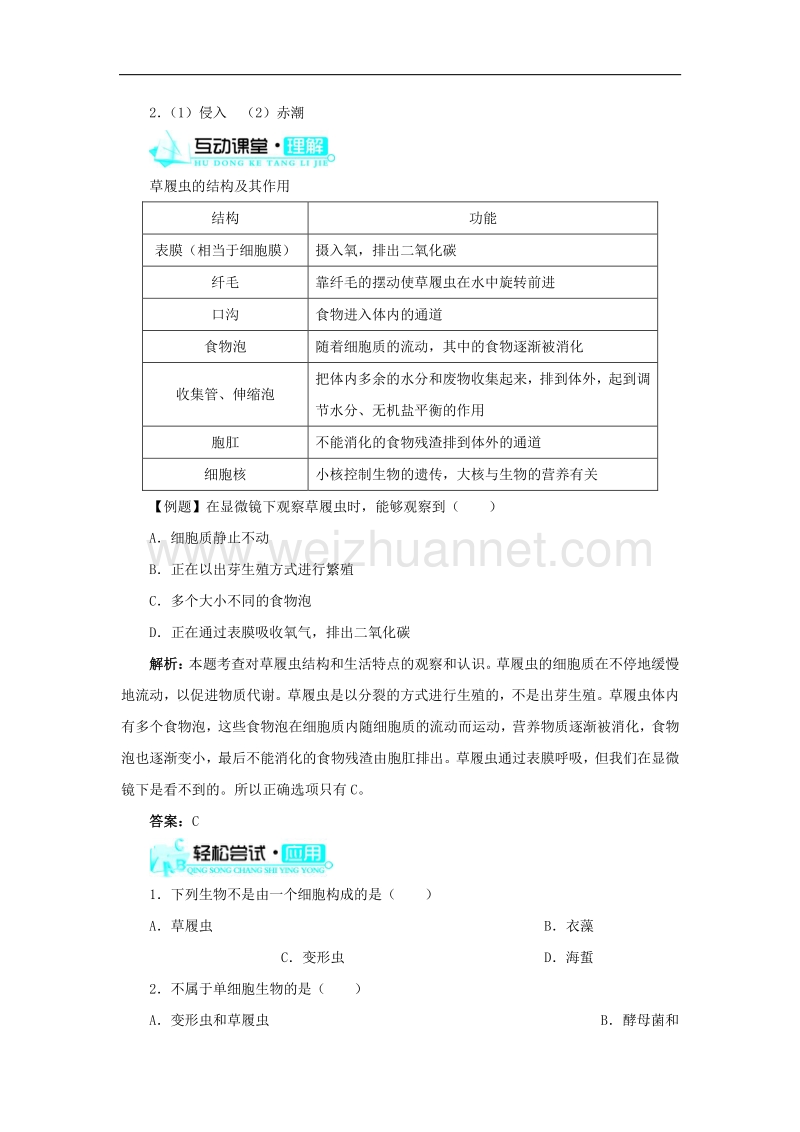 2015秋七年级生物上册2.2.4 单细胞生物导学案 新人教版.doc_第2页