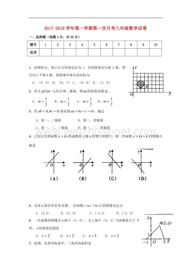 安徽省宣城市宣州区2017_2018学年八年级数学上学期第一次月考试题（无答案）新人教版.doc_第1页