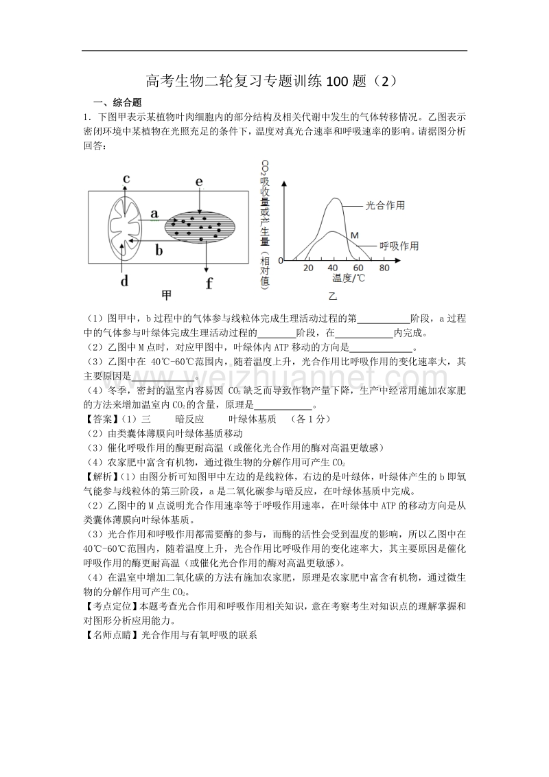 高考生物二轮复习专题训练100题.docx_第1页