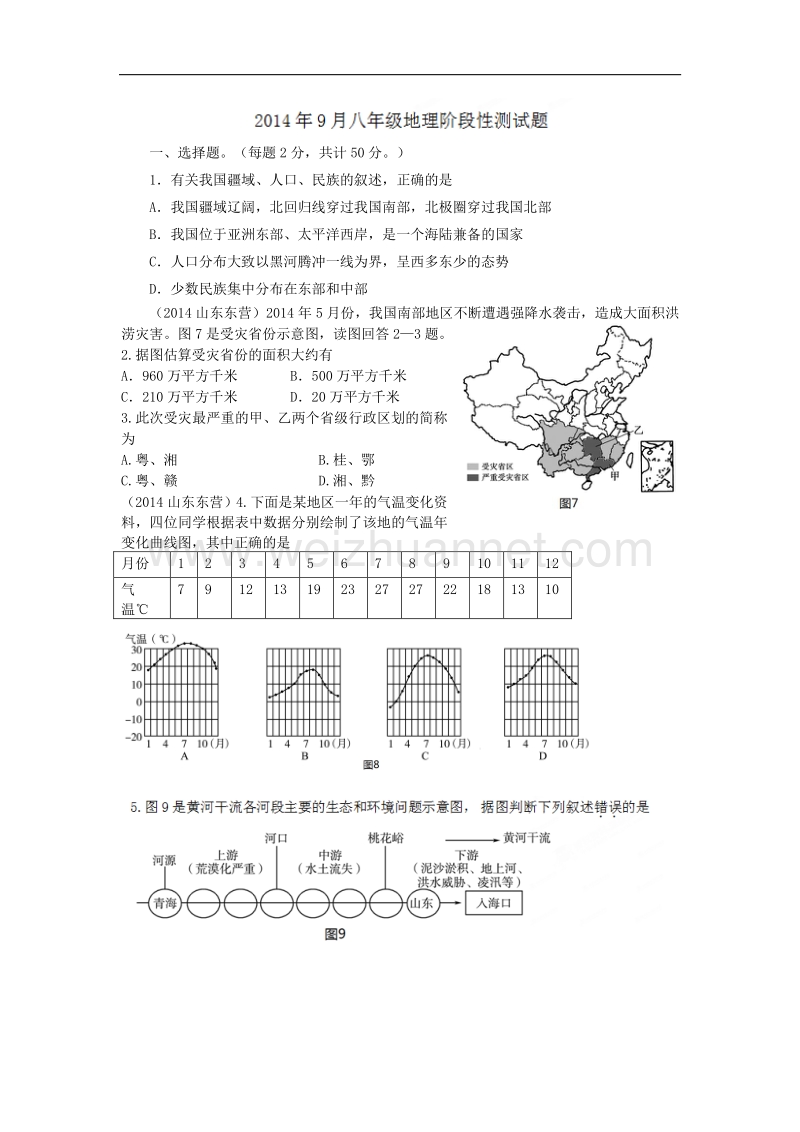 山东省利津县陈庄镇中心学校2014-2015八年级9月月考考试地理试题（无答案）.doc_第1页