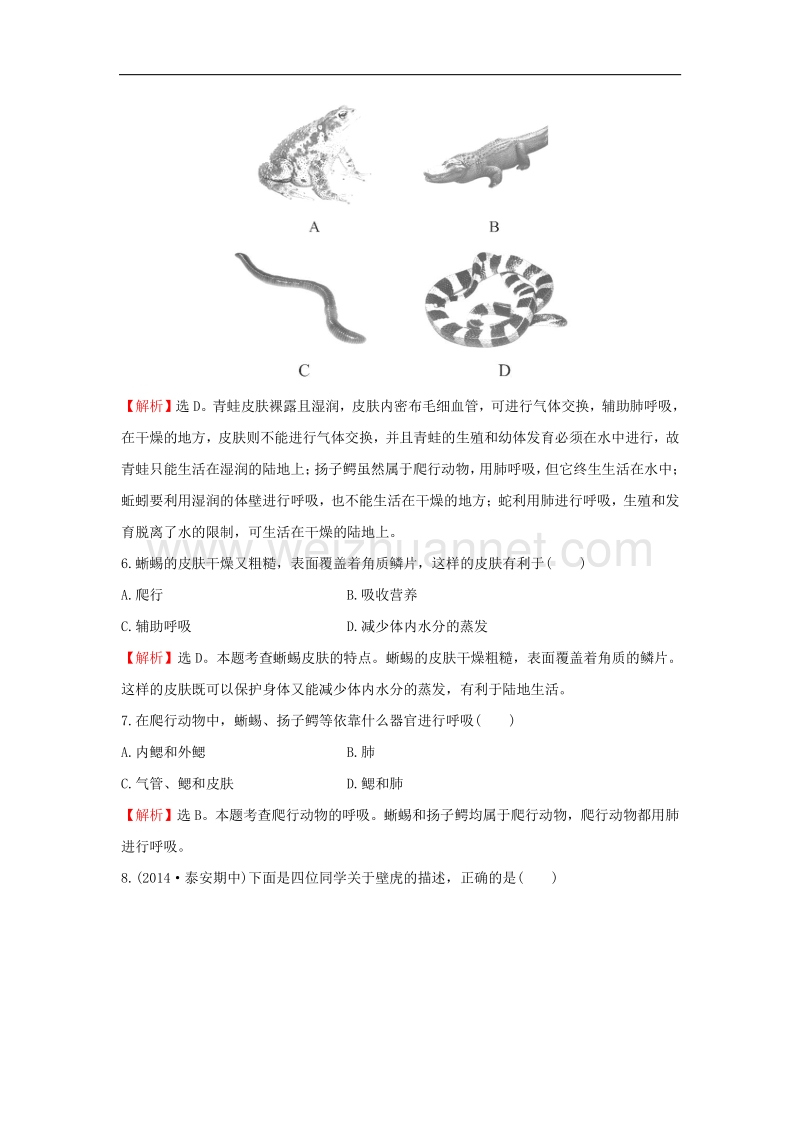 冀教版2015-2016学年七年级生物上册同步练习：1.4.7《两栖类和爬行类》（2带答案）.doc_第2页