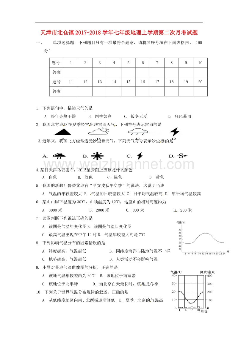 天津市北仓镇2017_2018学年七年级地理上学期第二次月考试题（无答案）新人教版.doc_第1页