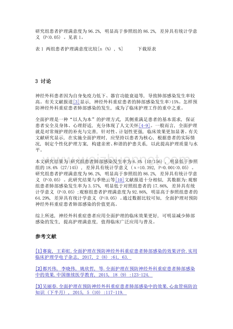 全面护理对预防神经外科重症患者肺部感染价值探讨.doc_第3页