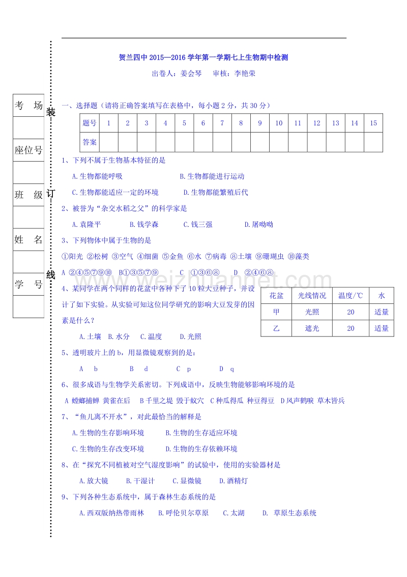 宁夏银川贺兰县第四中学2015-2016学年七年级上学期期中考试生物试题（无答案）.doc_第1页