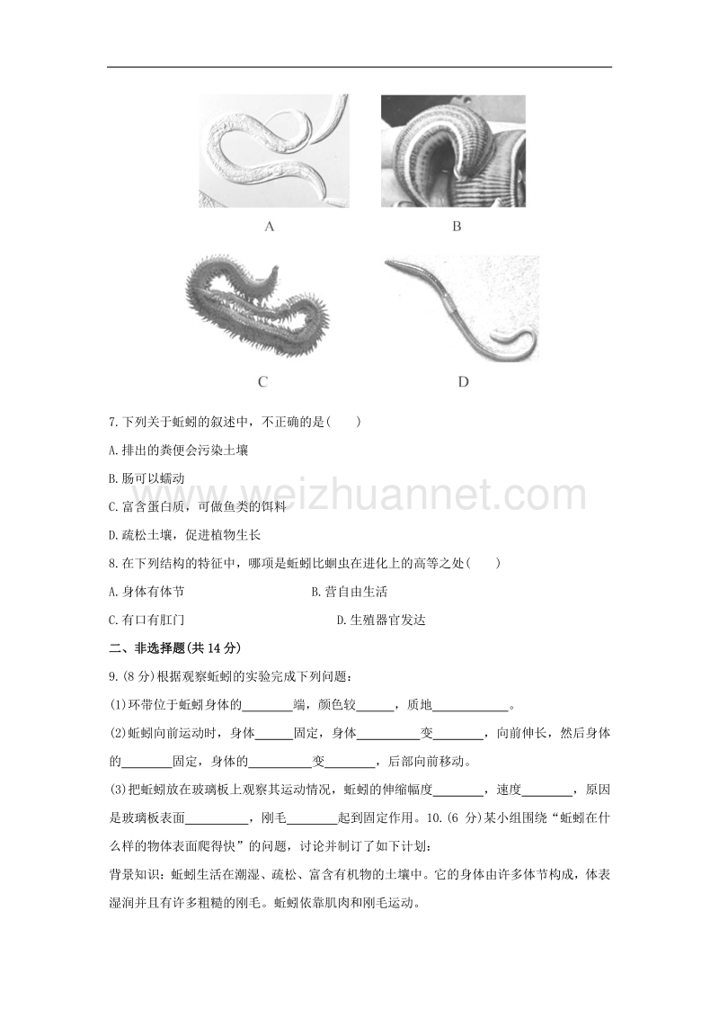 冀教版2015-2016学年七年级生物上册同步练习：1.4.3《线形动物和环节动物》（2带答案）.doc_第2页