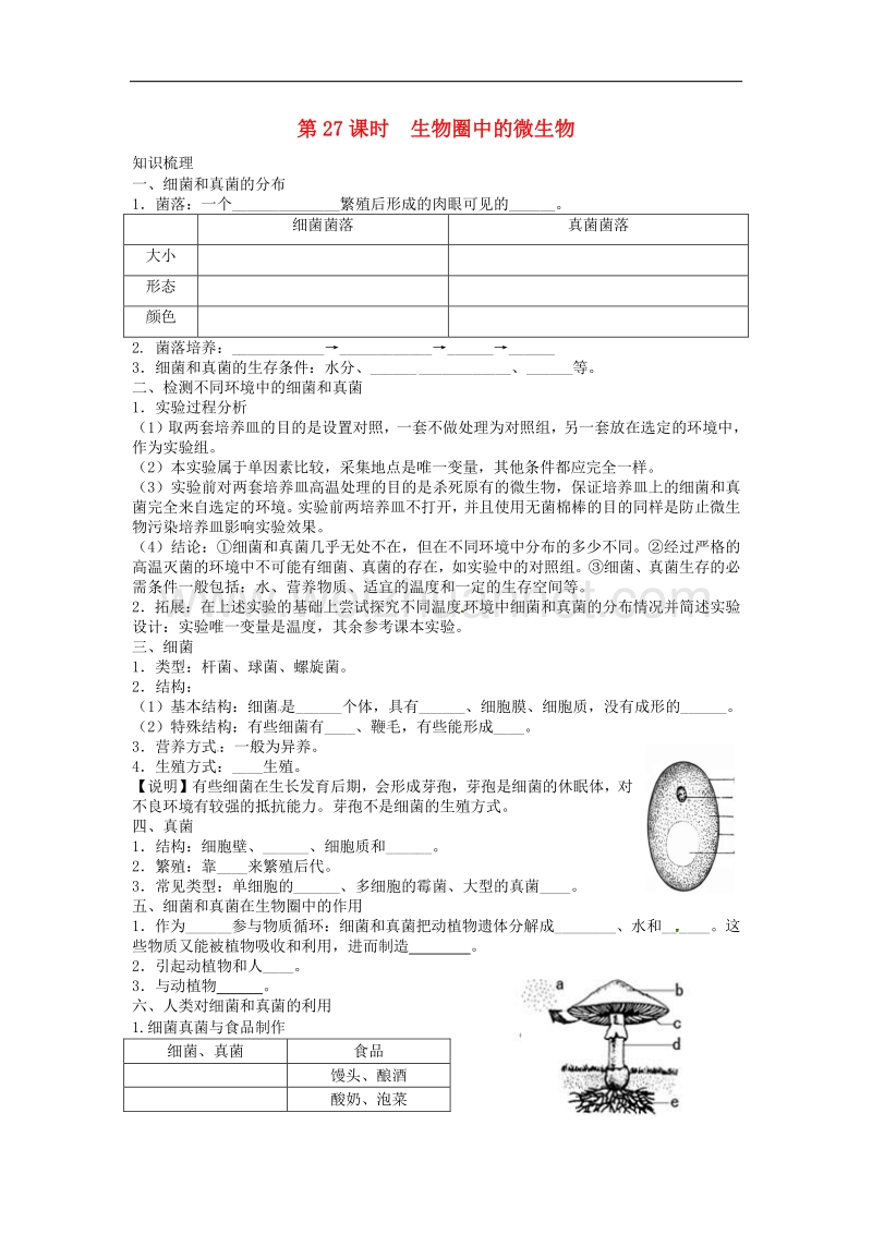 中考生物复习练习 第27课时 生物圈中的微生物试题（无答案） 新人教版.doc_第1页