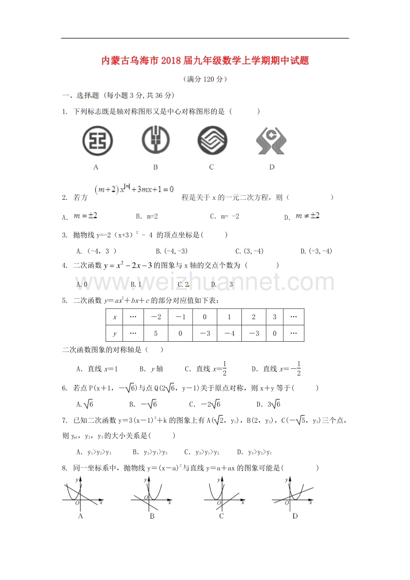 内蒙古乌海市2018届九年级数学上学期期中试题（无答案）新人教版.doc_第1页