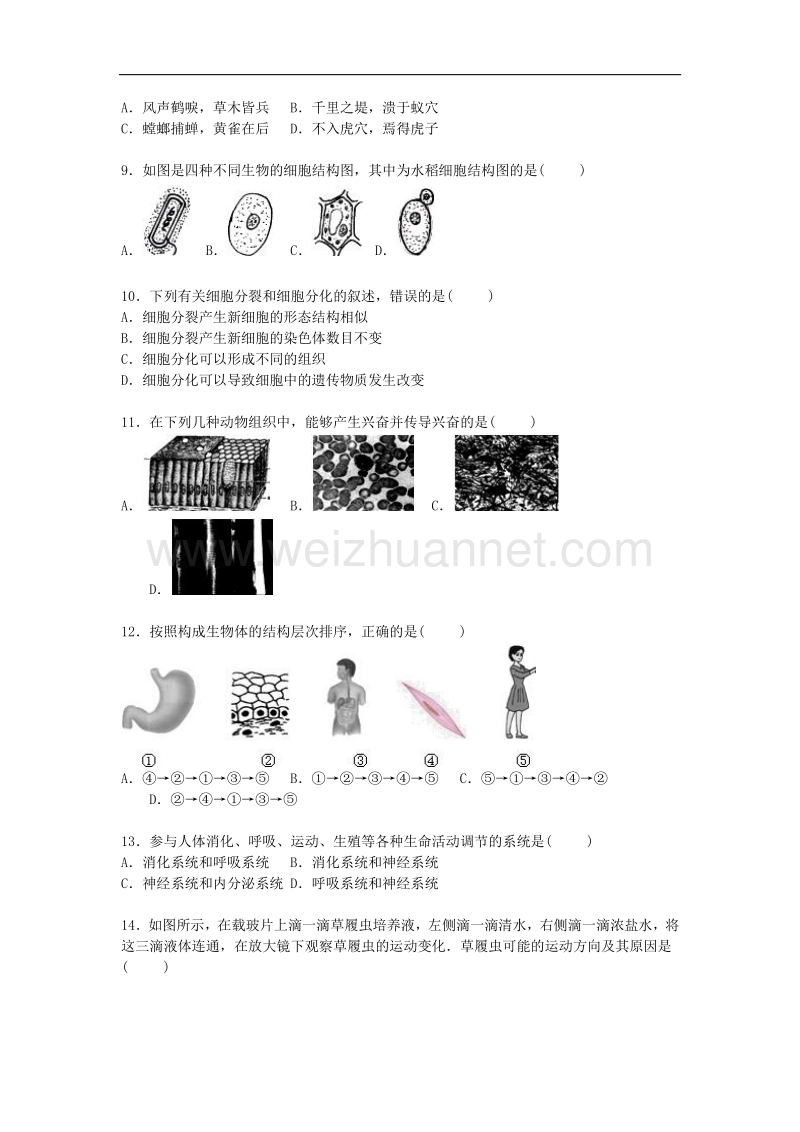 江苏省盐城市阜宁县2015-2016学年七年级生物上学期期中试卷 苏教版.doc_第2页