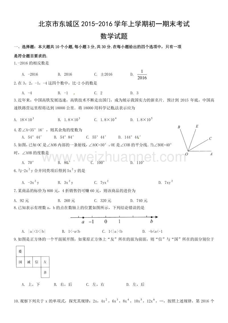 北京市东城区2015-2016学年上学期初一期末考试数学试题.doc_第1页