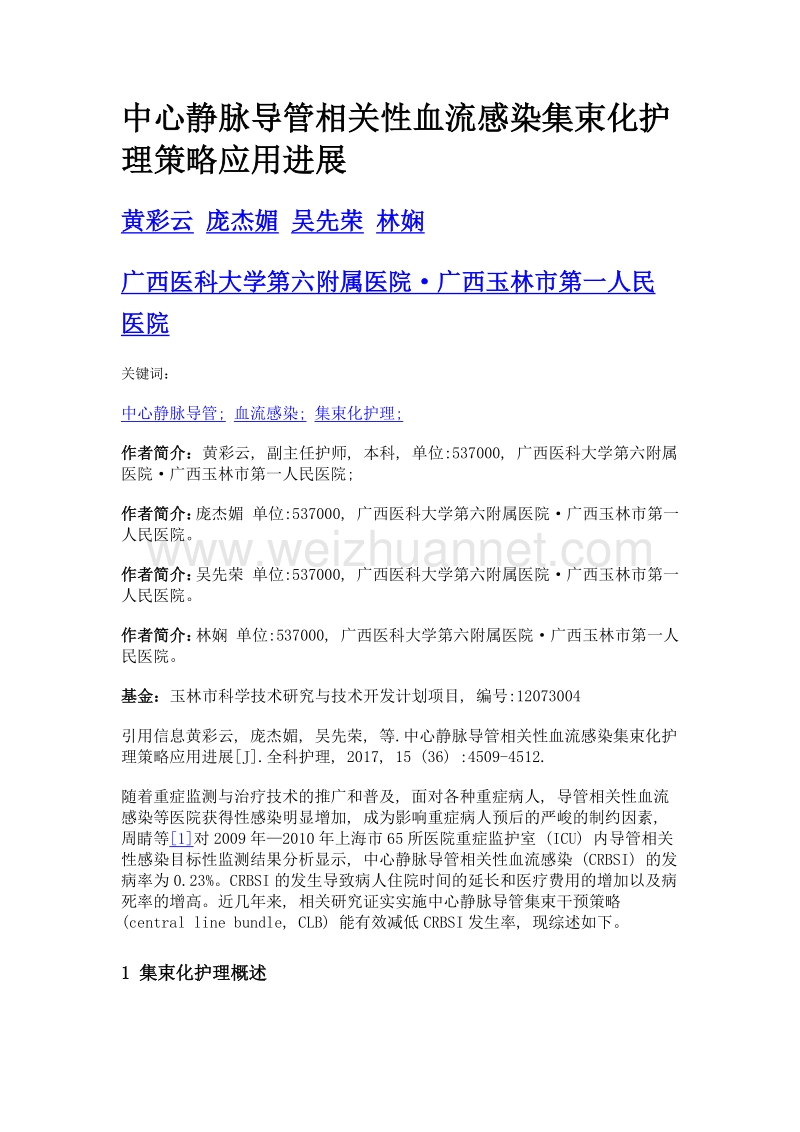 中心静脉导管相关性血流感染集束化护理策略应用进展.doc_第1页