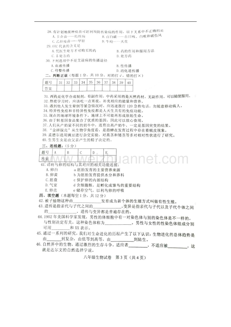 广西南宁市文化学校2014-2015学年八年级生物下学期期末考试试题（扫 描 版）.doc_第3页