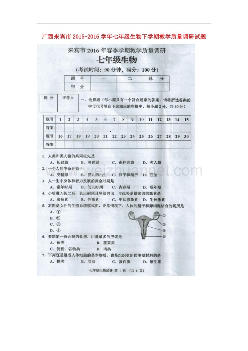 广西来宾市2015-2016学年七年级生物下学期教学质量调研试题（扫 描 版） 新人教版.doc_第1页