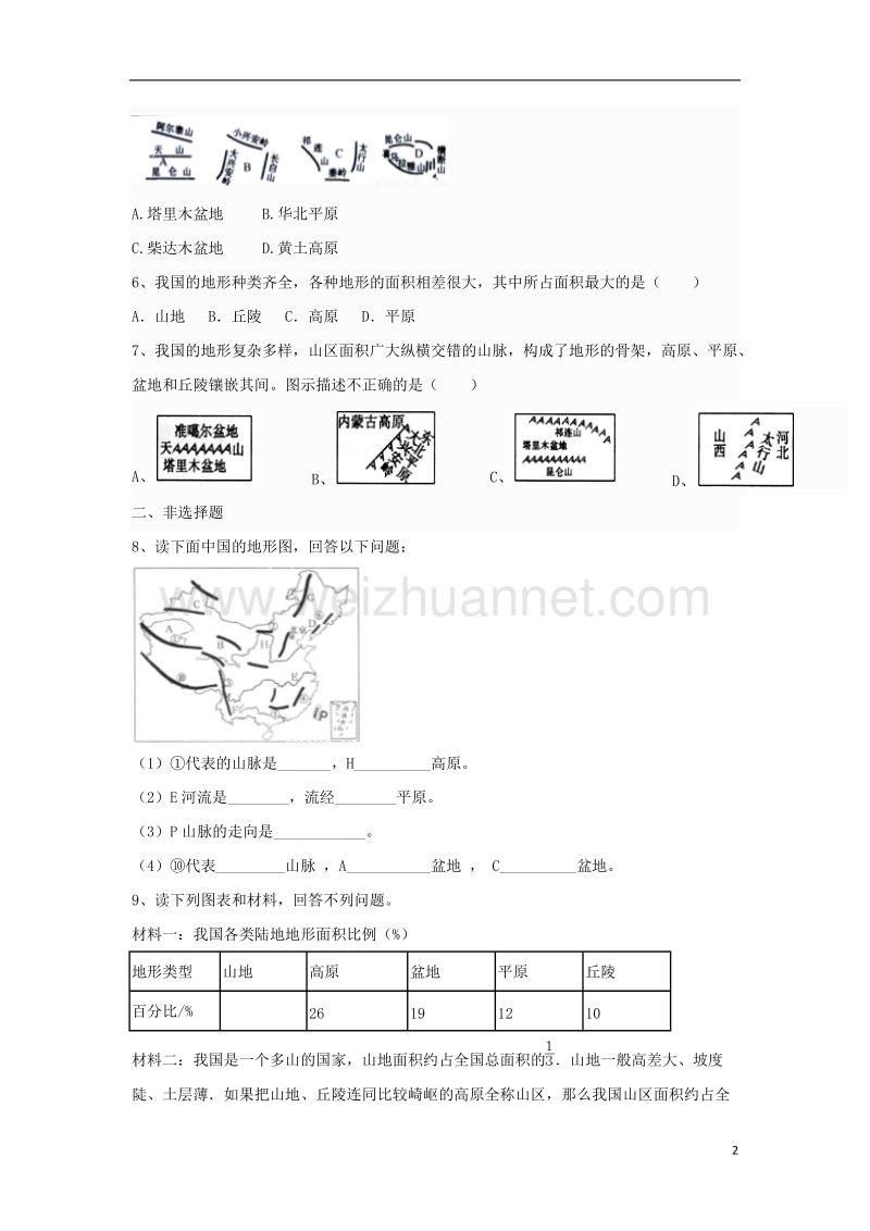 2017年八年级地理上册 第二章 第一节地形和地势同步测试题（无答案） 新人教版.doc_第2页