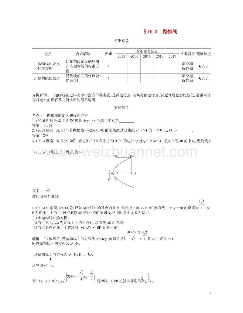 （江苏专版）2019版高考数学一轮复习 第十五章 圆锥曲线与方程 15.3 抛物线讲义.doc_第1页