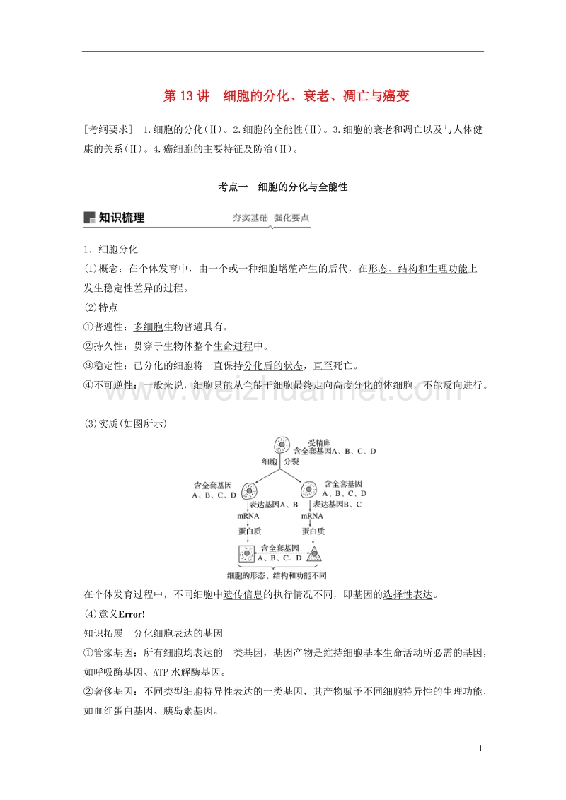 2018-2019学年高考生物大一轮复习 第四单元 细胞的生命历程 第13讲 细胞的分化、衰老、凋亡与癌变学案.doc_第1页