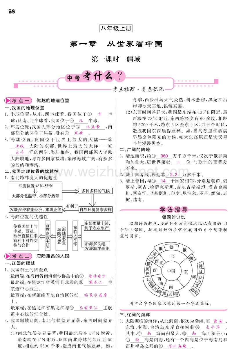 （人教通用）2018中考地理总复习 教材知识梳理 八上 第1章 从世界看中国（pdf）.pdf_第1页