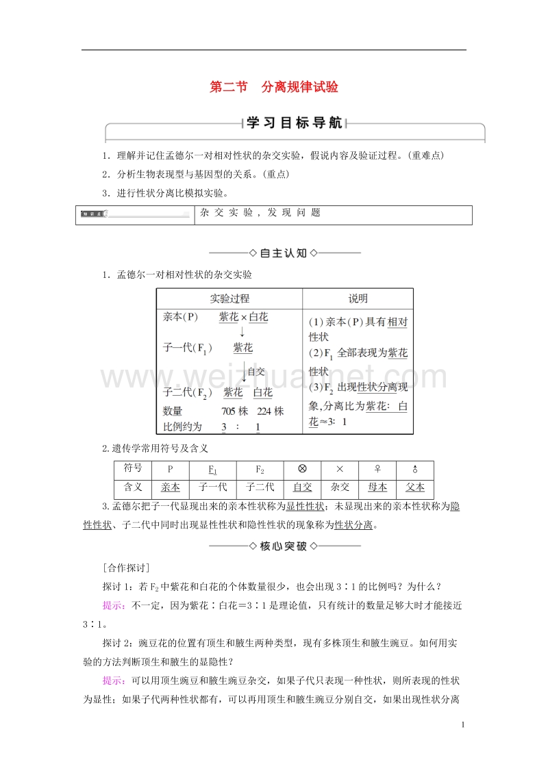 2017年高中生物 第2单元 遗传的基本定律 第1章 基因的分离规律 第2节 分离规律试验学案 中图版必修2.doc_第1页