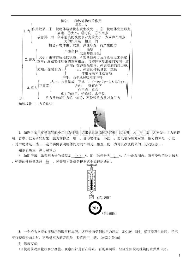 2017年八年级物理下册 7 力复习学案 （新版）新人教版.doc_第2页