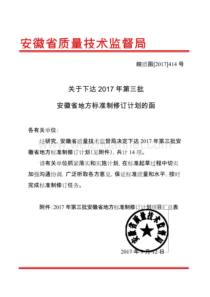 关于下达2017年第三批安徽省地方标准制修订计划的函.doc_第1页