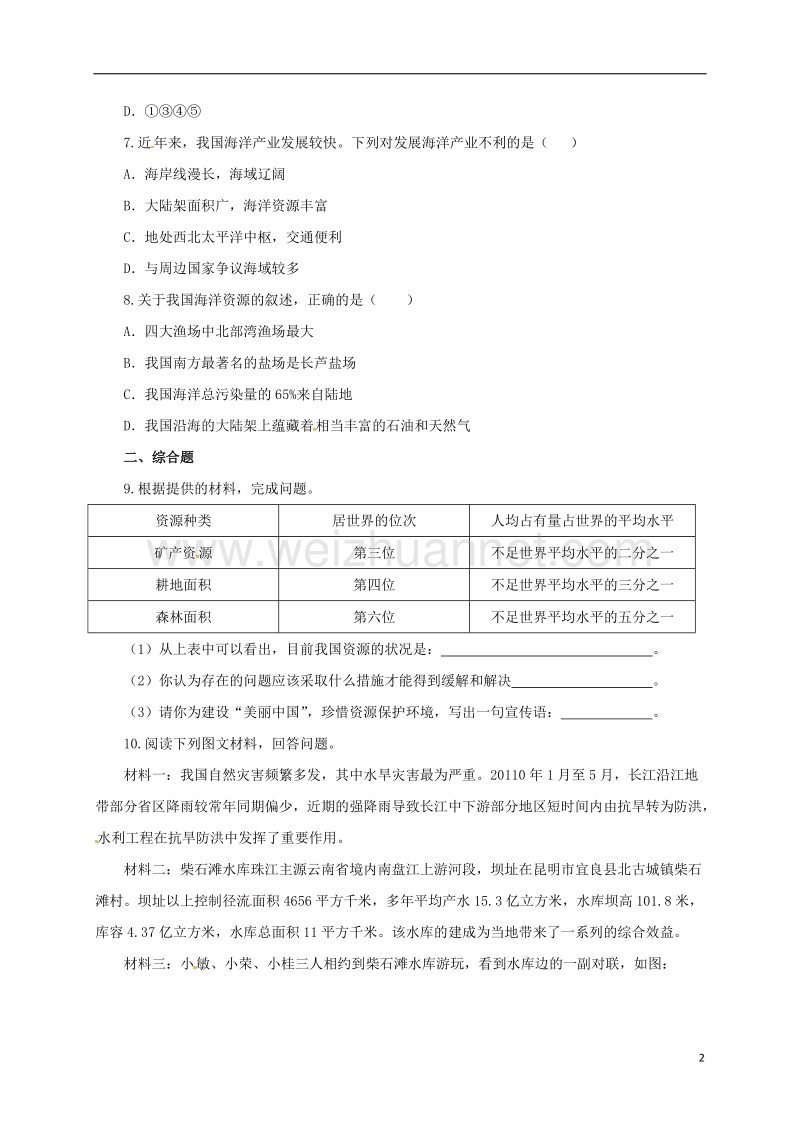 2017年八年级地理上册 第3章 中国的自然资源章末复习练习 （新版）粤教版.doc_第2页