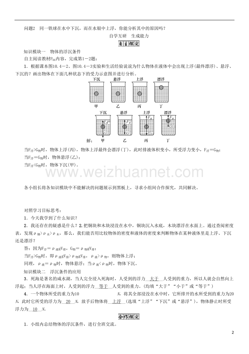 2017年八年级物理下册 10.4 第1课时 物体的浮沉条件学案 （新版）教科版.doc_第2页