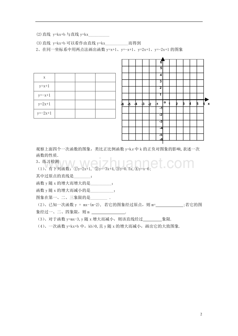 2017年八年级数学下册4.3第2课时一次函数的图象和性质学案（无答案）（新版）湘教版.doc_第2页