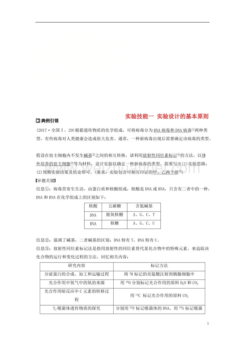 2018-2019学年高考生物大一轮复习 第一单元 细胞的概述及其分子组成 实验技能一 实验设计的基本原则学案.doc_第1页