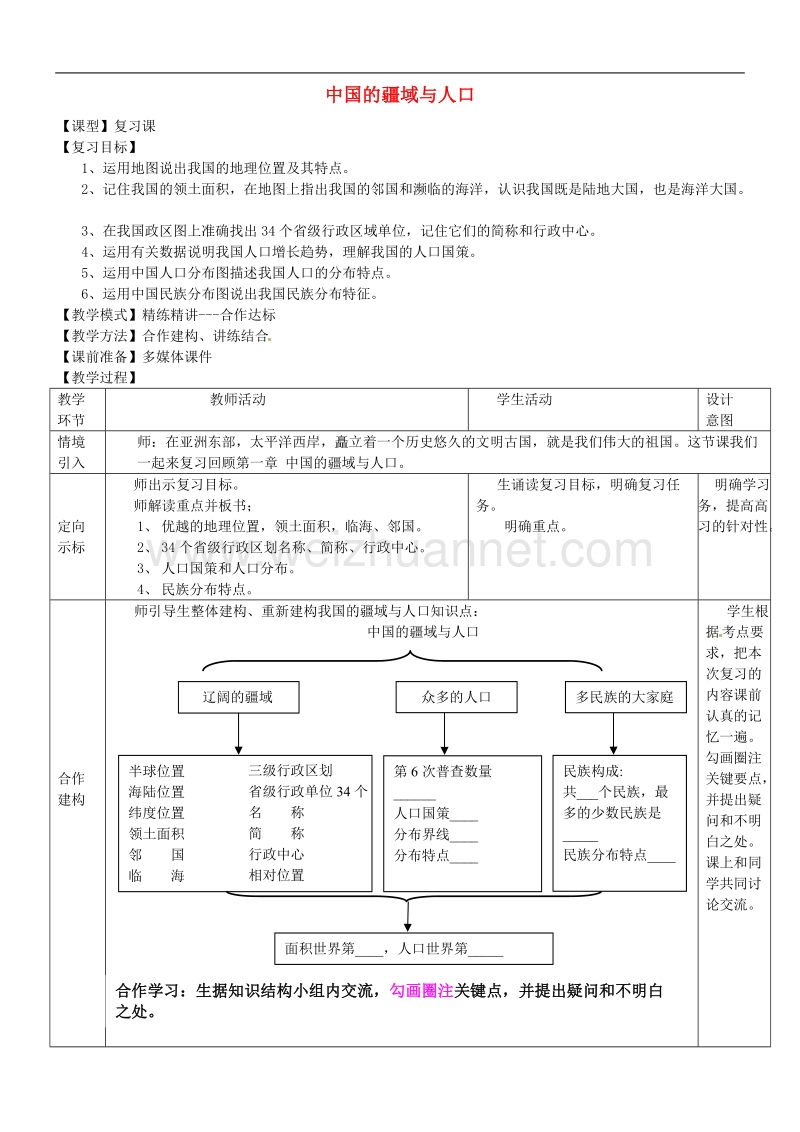 2017年八年级地理下册 中国行政区划和居民复习教学案（无答案） 商务星球版.doc_第1页