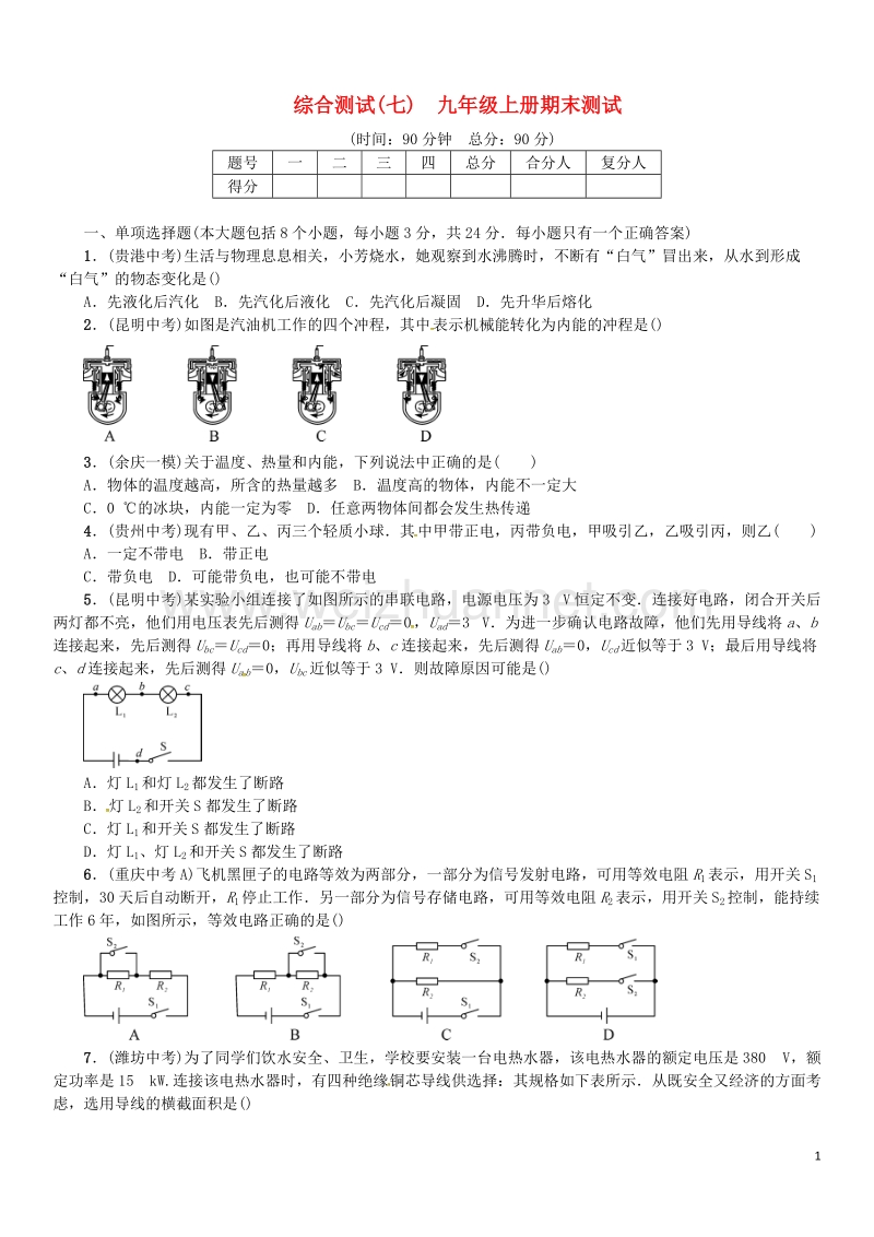 2017年九年级物理全册综合测试（七）九上期末测试卷（新版）沪科版.doc_第1页