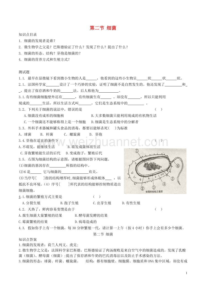 2017年八年级生物上册 第五单元 第四章 第二节 细菌导学案 （新版）新人教版.doc_第1页