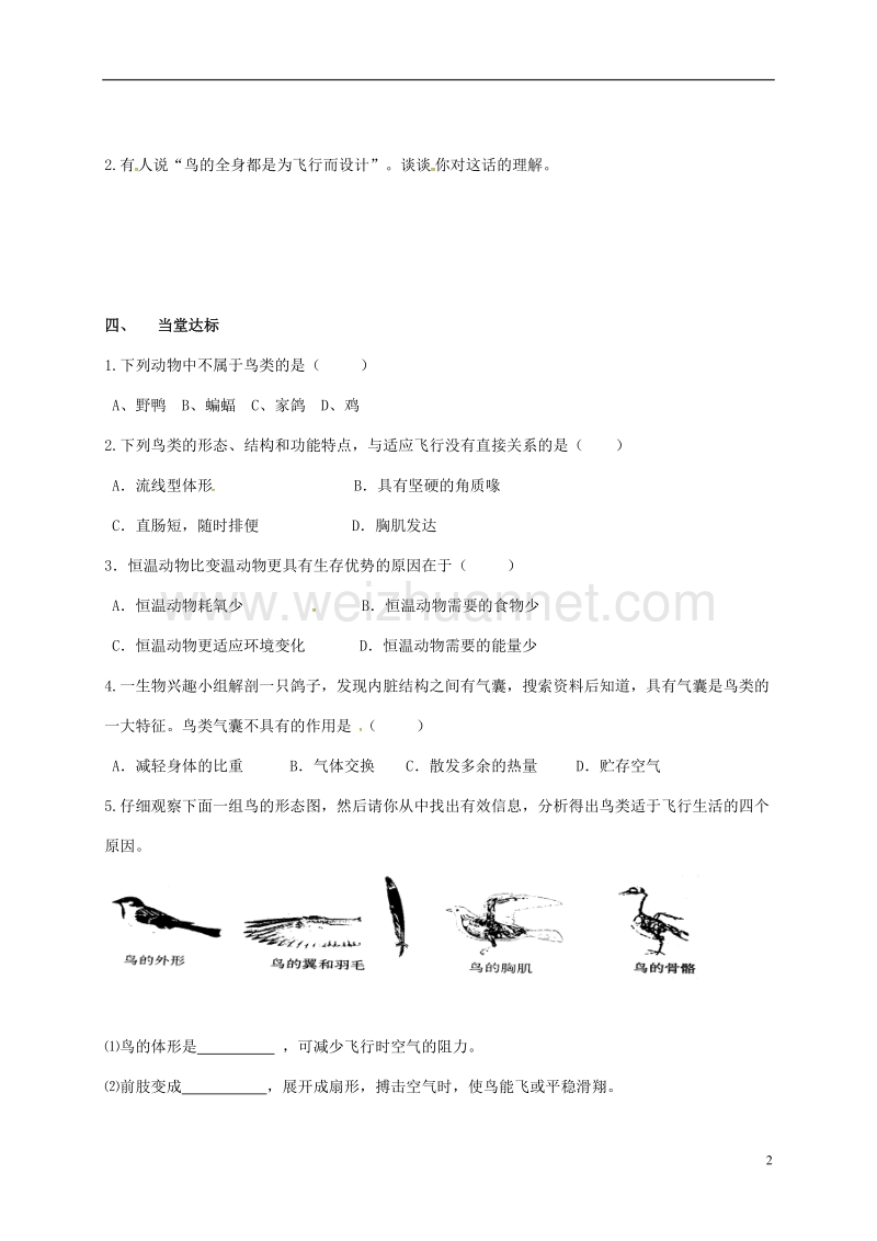 2017年八年级生物上册 5.1.6 鸟学案（无答案）（新版）新人教版.doc_第2页