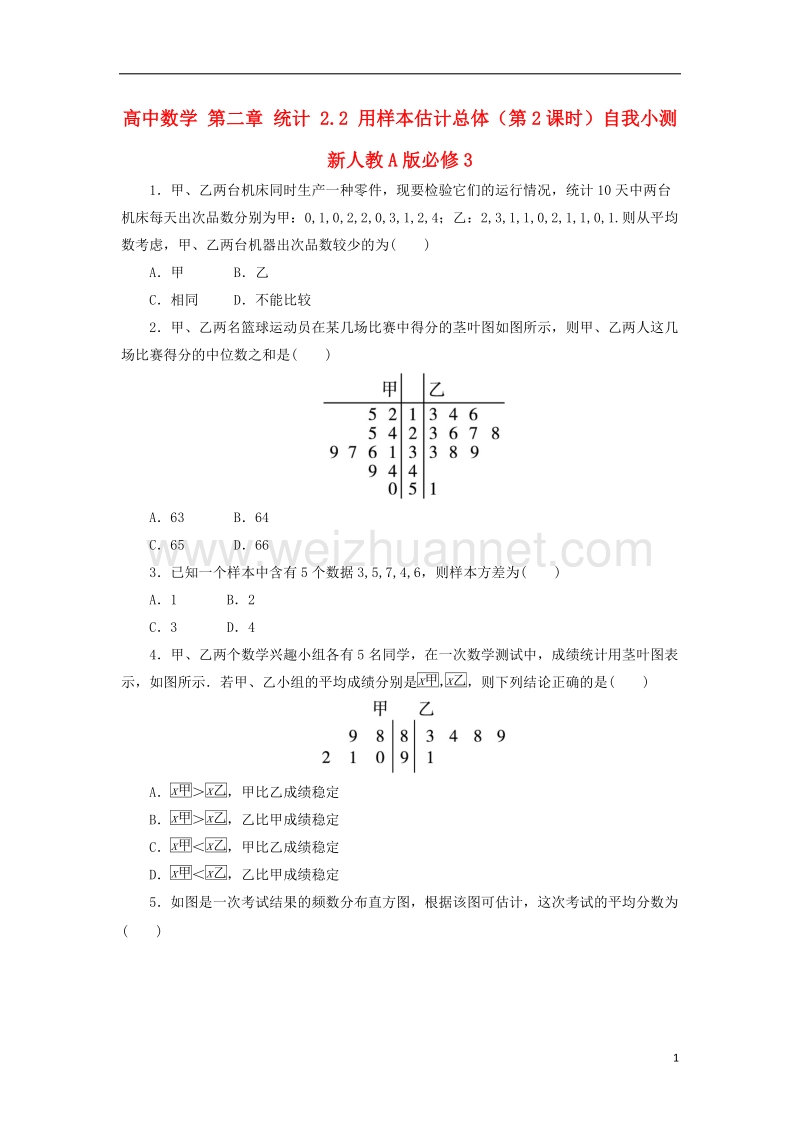 2017年高中数学 第二章 统计 2.2 用样本估计总体（第2课时）自我小测 新人教a版必修3.doc_第1页