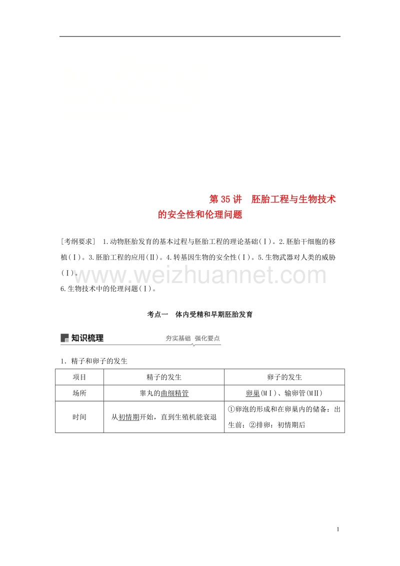 2018-2019学年高考生物大一轮复习 第十单元 现代生物科技专题 第35讲 胚胎工程与生物技术的安全性和伦理问题学案.doc_第1页