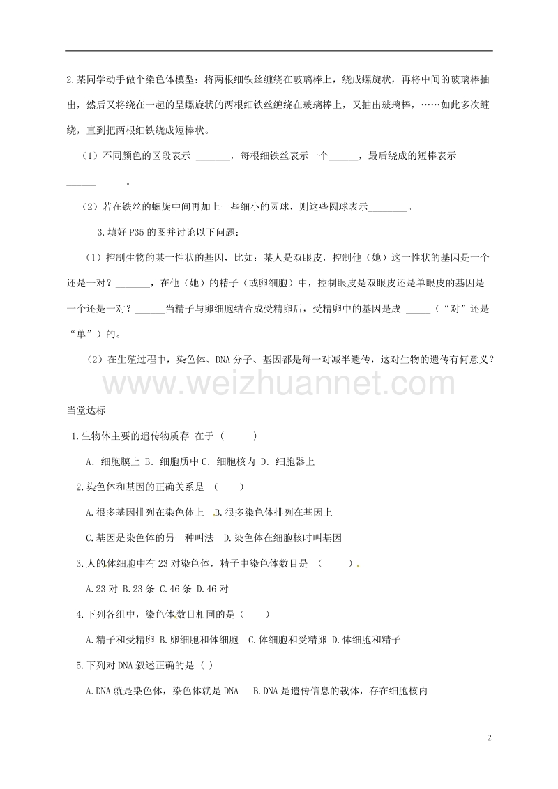 2017年八年级生物下册 7.2.2 基因在亲子代间的传递学案（无答案）（新版）新人教版.doc_第2页