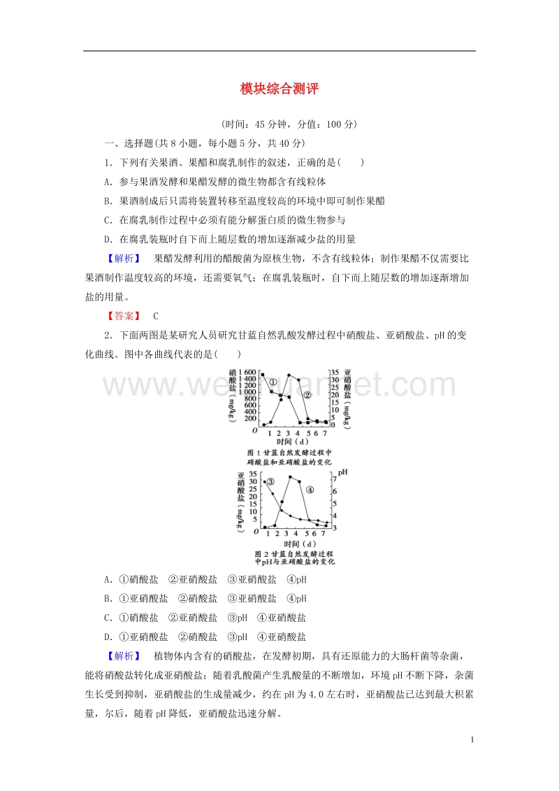 2017年高中生物模块综合测评苏教版选修1.doc_第1页