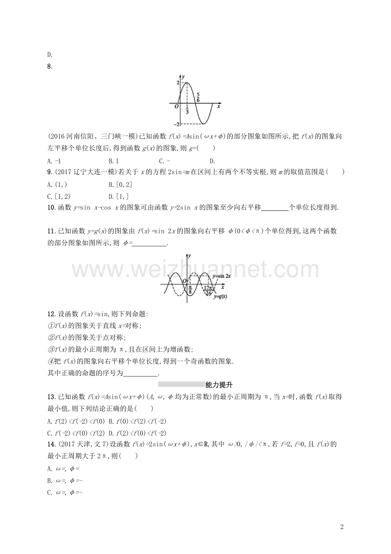 2019届高考数学一轮复习 第四章 三角函数、解三角形 考点规范练20 函数y=asin(ωx+φ)的图象及应用 文 新人教a版.doc_第2页