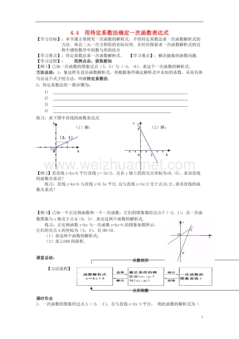 2017年八年级数学下册4.4用待定系数法确定一次函数表达式学案（无答案）（新版）湘教版.doc_第1页