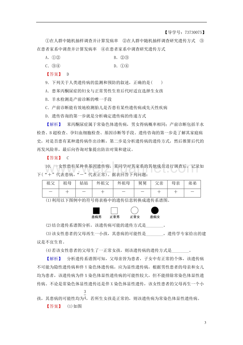 2017年高中生物 第3单元 遗传与变异的分子基础 第2章 基因对性状的控制 第6节 人类遗传病学业分层测评 中图版必修2.doc_第3页