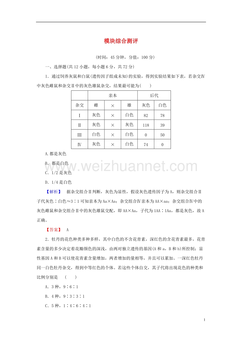 2017年高中生物模块综合测评新人教版必修2.doc_第1页