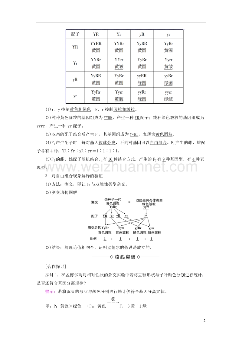 2017年高中生物 第2单元 遗传的基本定律 第2章 基因的自由组合规律 第1节 自由组合规律试验学案 中图版必修2.doc_第2页