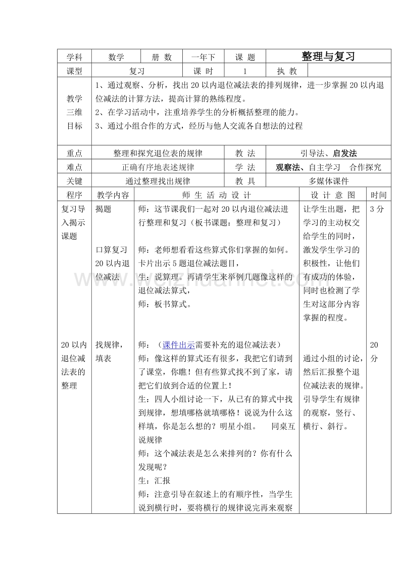 （人教新课标）春一年级数学下册教案 20以内的退位减法.doc_第1页