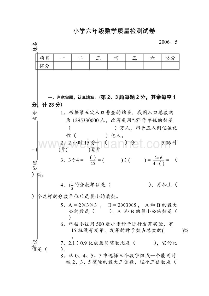 六年级数学综合测试[下学期]江苏教育版.doc_第1页