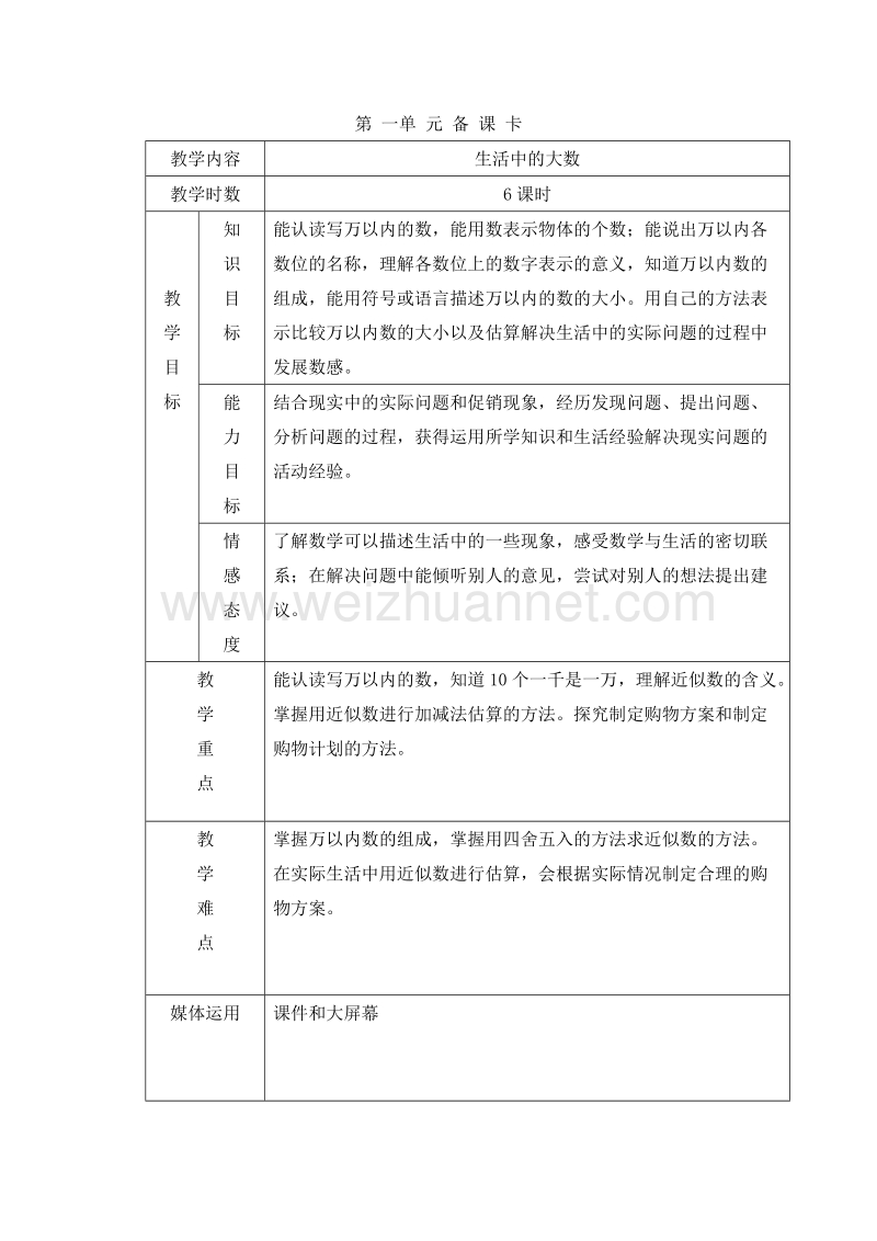 （冀教版） 小学三年级数学上册 《生活中的大数》单元备课.doc_第1页