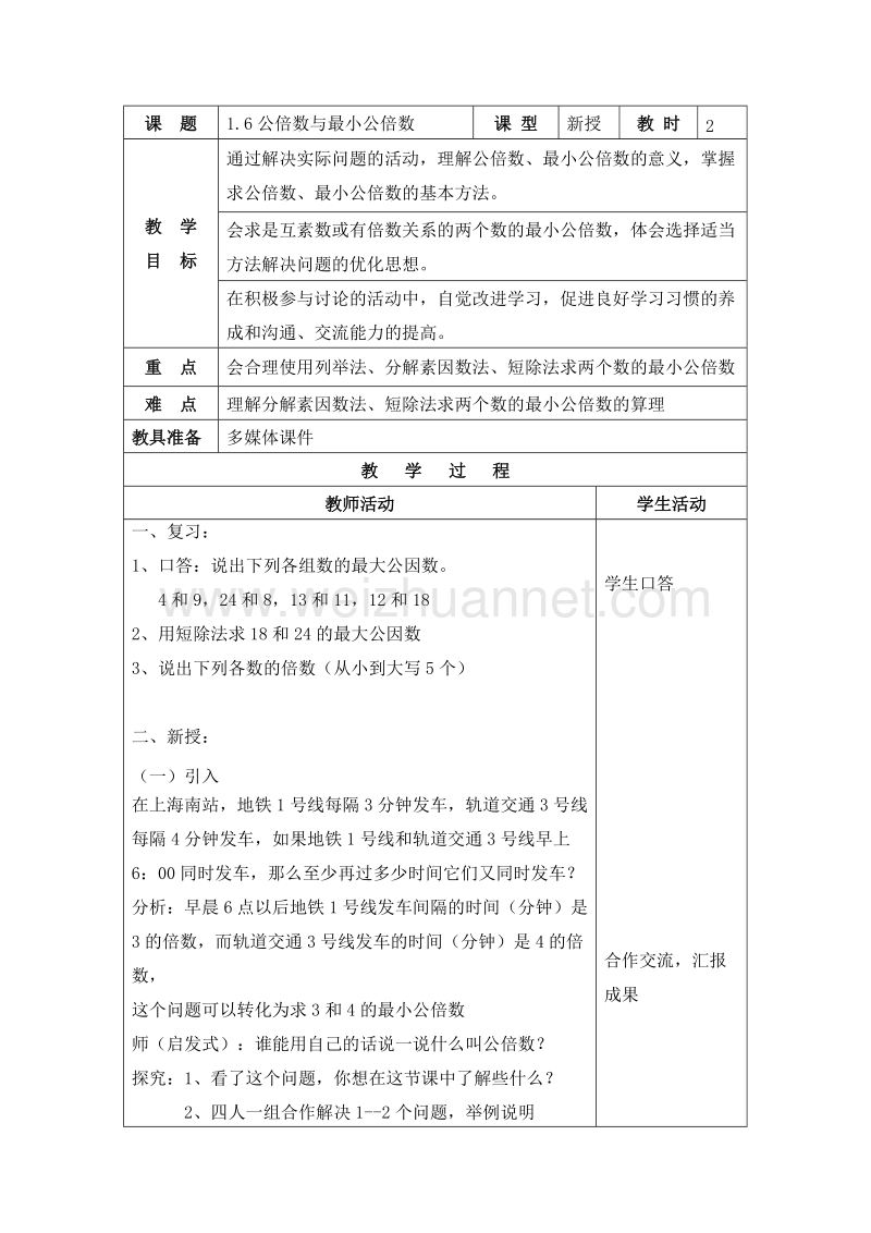 （沪教版） 2015秋六年级数学上册  《公倍数与最小公倍数》教案.doc_第1页