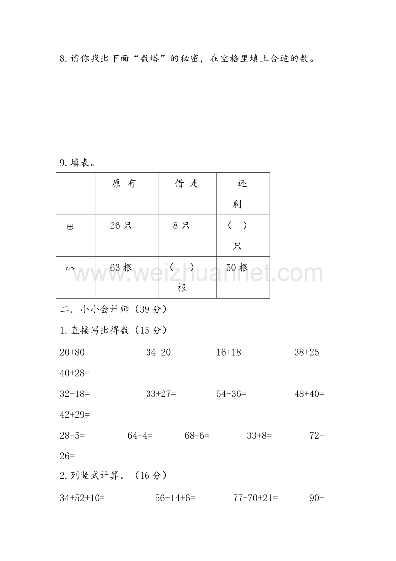 苏教版二年级数学上册 第一单元《100以内的加法和减法（三）》单元测试1（无答案）.doc_第2页